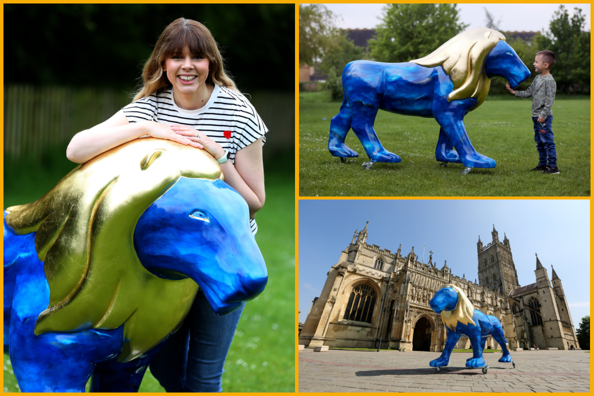 Collage of images of artist, Christina Sadler with the lion sculpture, lion sculpture outside of Gloucester Cathedral and a boy with the lion sculpture.